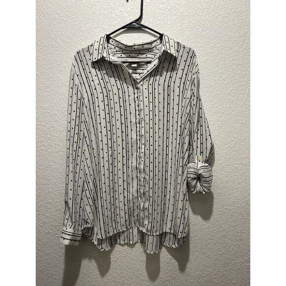 Loft Womens XL White Button Up Dots Striped Blouse Lightweight Roll Tab Office - Picture 1 of 9